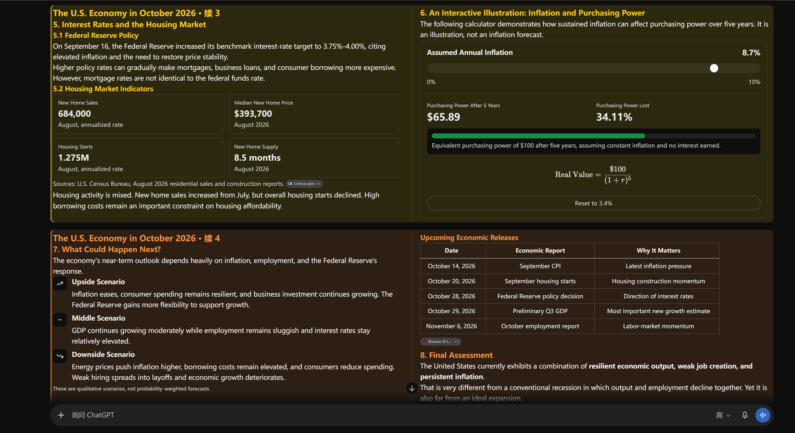 Actual CLEAR AI BOARD layout: a long ChatGPT economic report arranged in colored columns, with a table and an interactive illustration